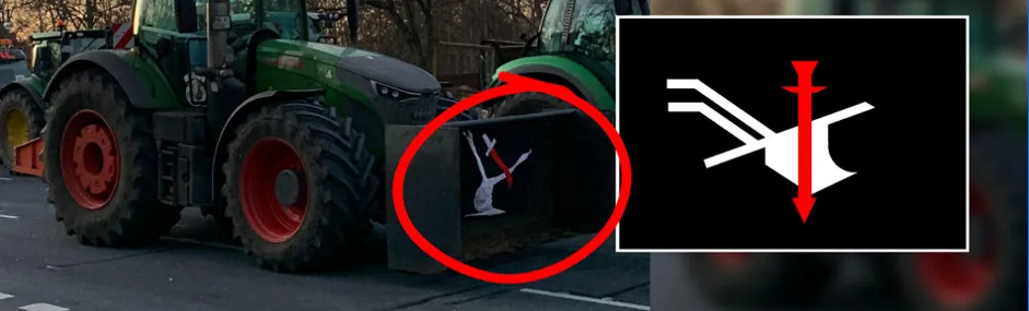 Pflugscharen zu Schwertern – das Symbol der reaktionären Landvolkbewegung von 1929-30. Die Farben des Symbols Schwarz-Weiß-Rot waren die Farben der Gegner:innen der Weimarer Republik